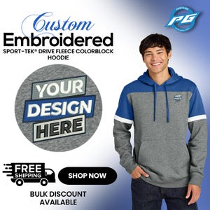 Sport-Tek® Drive Fleece Colorblock Hoodie Pullover Hoodie, Custom Embroidered Hooded Pullover Gift For Father Your own logo, Gift (STF205).
