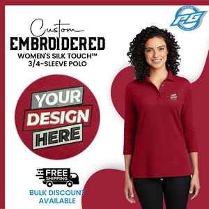 Ladies Port Authority® Silk Touch Polo | 3/4-Sleeve Polo Tee | Personalized Embroidery Logo | Custom Business Logo Shirt | Womens Clothing |
