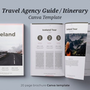 Travel Agency Guide Itinerary Magazine, Canva template, Customizable eBook template, Tourist brochure,