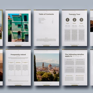 May include: A brochure for a Tuscany tour with images of the region's iconic architecture, rolling hills, and charming towns. The brochure includes a table of contents, frequently asked questions, and details about the tour.