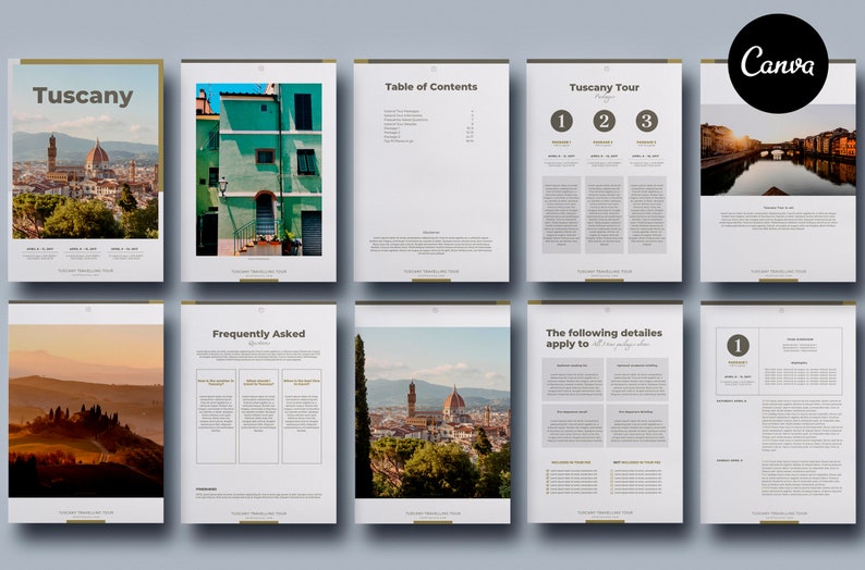 May include: A brochure for a Tuscany tour with images of the region's iconic architecture, rolling hills, and charming towns. The brochure includes a table of contents, frequently asked questions, and details about the tour.