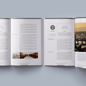 May include: An open book with two pages showing a travel itinerary for a Tuscany tour. The left page shows a photo of the Duomo in Florence, Italy. The right page shows a photo of the Ponte Vecchio bridge in Florence, Italy.