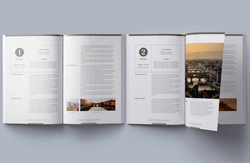 May include: An open book with two pages showing a travel itinerary for a Tuscany tour. The left page shows a photo of the Duomo in Florence, Italy. The right page shows a photo of the Ponte Vecchio bridge in Florence, Italy.