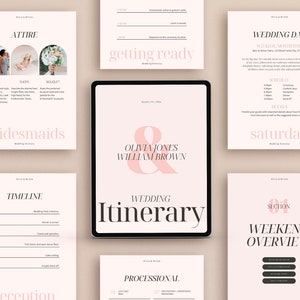 Modelo de itinerário de casamento, 45 páginas, guia de planejamento de fim de semana de casamento, cronograma de evento editável para impressão, modelo Canva
