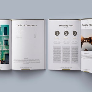 May include: An open book with a table of contents and information about a Tuscany tour. The book features a photo of a building with a green facade and a photo of a bridge over a river.
