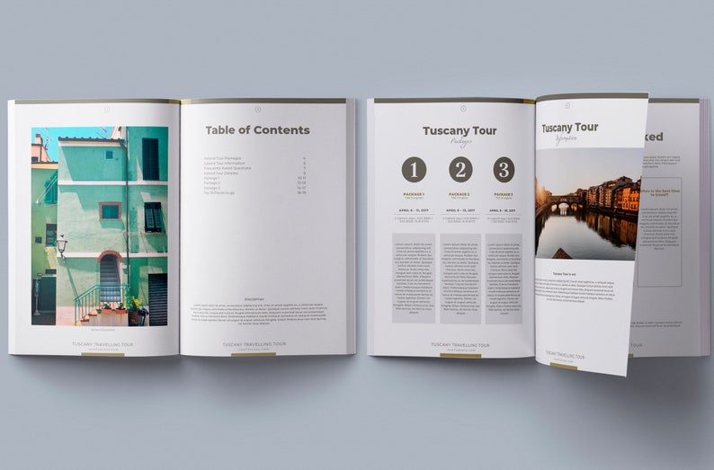 May include: An open book with a table of contents and information about a Tuscany tour. The book features a photo of a building with a green facade and a photo of a bridge over a river.