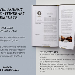 May include: A travel agency guide or itinerary template with a light gray background and a light brown border. The text "TRAVEL AGENCY GUIDE/ITINERARY TEMPLATE" is in a large, bold font. The text "INCLUDES 20 PAGES TOTAL" is in a smaller, bold font. The text "For travel agencies, tourist companies, travel bloggers/guides" is in a smaller, regular font. The text "Travel agency Guide/Itinerary Template is perfect solution to showcase tourist information, travel guide, travel offers, important information and FAQ" is in a smaller, regular font. The text "Available in A4 & US letter sizes" is in a smaller, bold font. The text "HOW IT WORKS" is in a large, bold font. The text "1. You need to have a Canva account (it is free) to edit this template." is in a smaller, regular font. The text "2. After your purchase, you will receive PDF instruction with the direct link to the master template." is in a smaller, regular font. The text "3. Replace the content with your own. Just add your images and content, change if you like colors and fonts." is in a smaller, regular font. The text "4. Export a ready-to-use pdf. Also, you can export the file as a pdf, png or jpeg." is in a smaller, regular font.