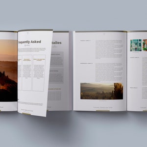 May include: An open book with a landscape photo of rolling hills and a town in the distance. The book has the title "Frequently Asked" and "Details" on the pages. The book is open to a page with text about a travel tour.