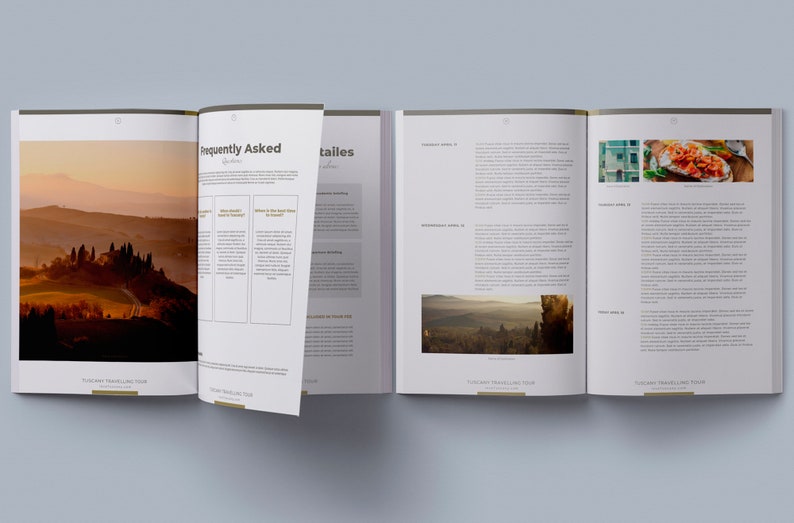 May include: An open book with a landscape photo of rolling hills and a town in the distance. The book has the title "Frequently Asked" and "Details" on the pages. The book is open to a page with text about a travel tour.