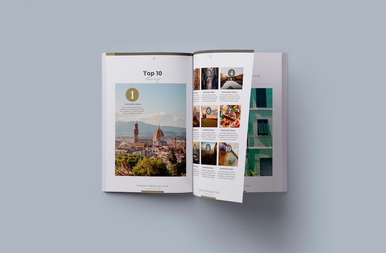 May include: An open book with a list of the top 10 places to visit in Tuscany, Italy. The book features photos of the city of Florence, a bridge, a vineyard, and a plate of food. The text on the page reads "Top 10 Places to Visit in Tuscany".