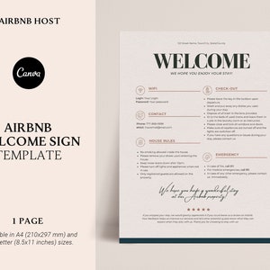 1 page Welcome Sign template for Hosts, Guest Arrival Poster, Vacation Rental Printable Decor, Beach House Rules, Wifi, Canva