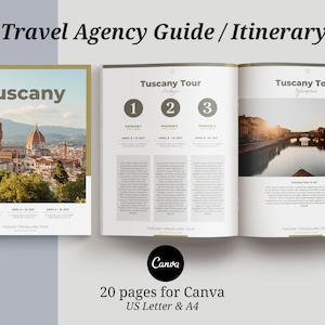 May include: A 20-page guide for Canva, featuring a travel itinerary for a Tuscany tour. The cover features a photo of the city of Florence, Italy. The inside pages include text and photos of various attractions in Tuscany.