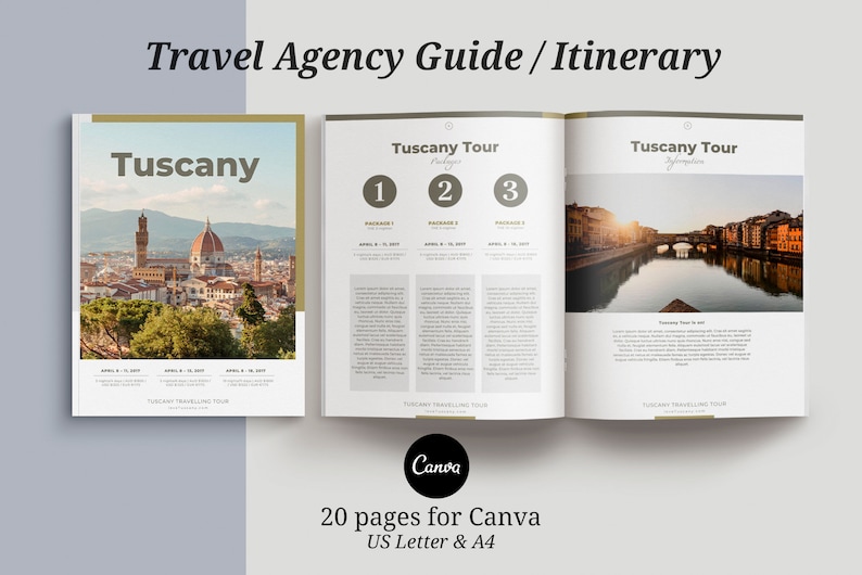 May include: A 20-page guide for Canva, featuring a travel itinerary for a Tuscany tour. The cover features a photo of the city of Florence, Italy. The inside pages include text and photos of various attractions in Tuscany.