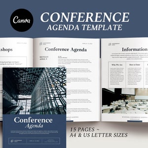 Conference agenda canva template, Business brochure, Event meeting program flyer, eBook template, Editable design,  Meeting agenda schedule