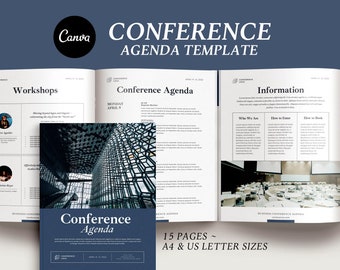 Conference agenda canva template, Business brochure, Event meeting program flyer, eBook template, Editable design,  Meeting agenda schedule