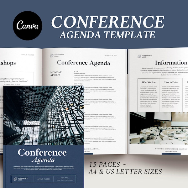 Conference agenda canva template, Business brochure, Event meeting program flyer, eBook template, Editable design,  Meeting agenda schedule