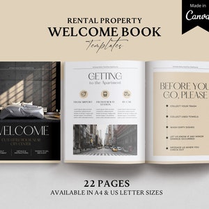 Puede incluir: Una plantilla de libro de bienvenida para propiedades de alquiler con un diseño minimalista. La portada presenta el texto "Bienvenido" y "Linda casita cerca del centro de la ciudad". Las páginas interiores incluyen instrucciones para llegar al apartamento y una lista de verificación de cosas que hacer antes de irse.