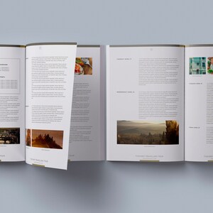 May include: An open book with a brown cover and white pages. The book is open to a page with the number 3 and the word "Package" in a gold circle. The page also includes text about a Tuscany travel tour. The book is open to a page with a photo of a Tuscan landscape. The book is open to a page with a photo of a plate of food. The book is open to a page with a photo of a building.