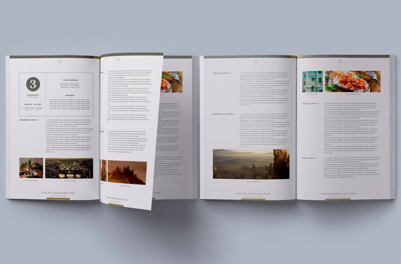 May include: An open book with a brown cover and white pages. The book is open to a page with the number 3 and the word "Package" in a gold circle. The page also includes text about a Tuscany travel tour. The book is open to a page with a photo of a Tuscan landscape. The book is open to a page with a photo of a plate of food. The book is open to a page with a photo of a building.