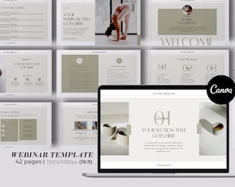 May include: Webinar template with 42 pages in a 16:9 aspect ratio. The template features a minimalist design with a neutral colour palette of beige and white. The text "Webinar Template" is displayed in a bold, sans-serif font. The text "42 pages | 1920x1080px (16:9)" is displayed below the title.