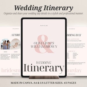 Modelo editável de itinerário de casamento, 45 páginas, guia do planejador de fim de semana de casamento, cronograma de eventos para impressão, modelo Canva