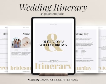 45 pages Wedding Itinerary Template, Weekend Guide, Wedding Planner, Canva template, Printable Editable Timeline Event Schedule