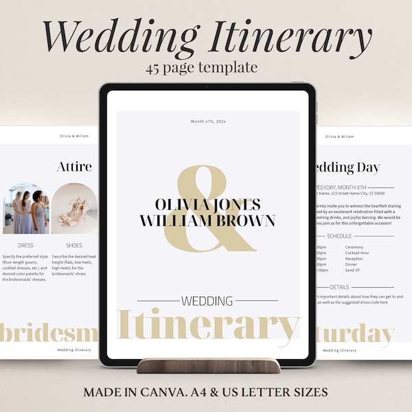 45 pages Wedding Itinerary Template, Weekend Guide, Wedding Planner, Canva template, Printable Editable Timeline Event Schedule