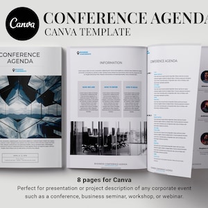 Conference agenda canva template, Business brochure, Event meeting program flyer, eBook template, Editable design,  Meeting agenda schedule