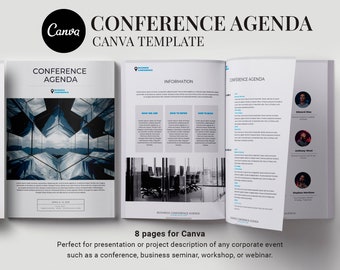 Conference agenda canva template, Business brochure, Event meeting program flyer, eBook template, Editable design,  Meeting agenda schedule