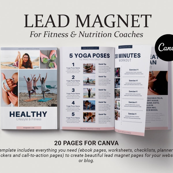 Canva Lead magnet templates, ebook template, Health and Fitness coach bundle,  Blogger template, Planner canva template, Checklist