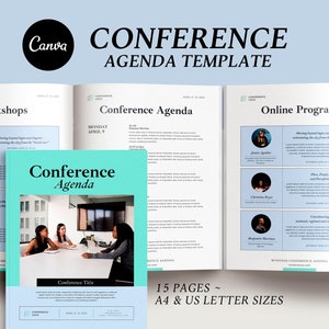 Conference agenda canva template, Business brochure magazine, Event meeting program flyer, eBook template, Editable Meeting agenda schedule
