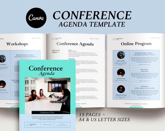 Conference agenda canva template, Business brochure magazine, Event meeting program flyer, eBook template, Editable Meeting agenda schedule