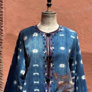 Indigo Blue & White African Cotton Cropped Kimono Jacket | Machine Embroidered | Upcycled | Orange And Blue Trimmings | Satin Lining