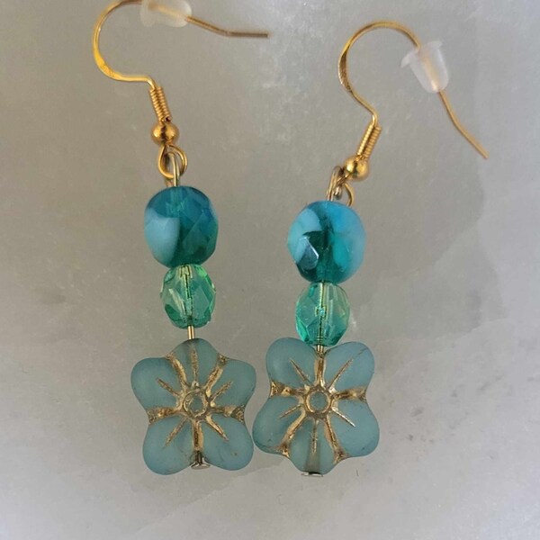 Blue Czech Glass Flower Earrings