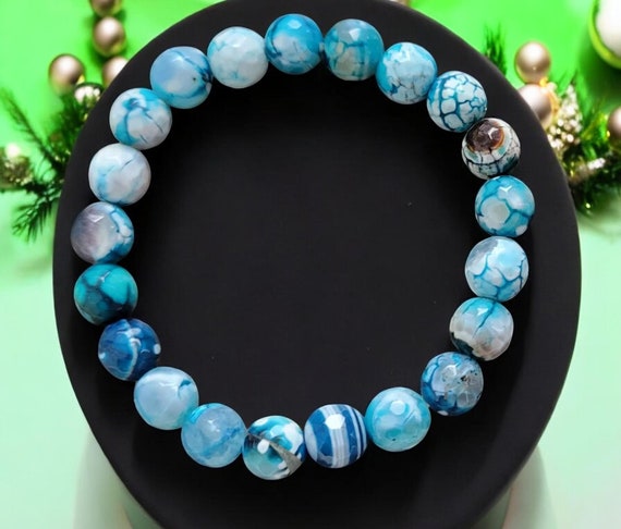 6 1/2" Aqua & White Fire Agate (8mm) Stretch Bracelet