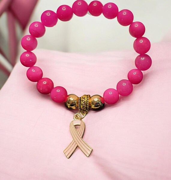 6 1/2" Pink Jade (Dyed) - 8mm Breast Cancer Awareness Stretch Bracelet