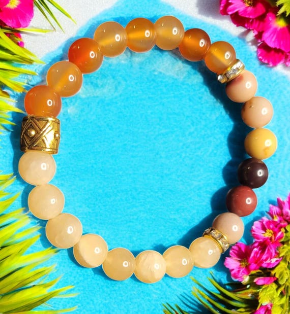 7 1/2" Yellow Calcite, Mookaite and Carnelian Stretch Bracelet