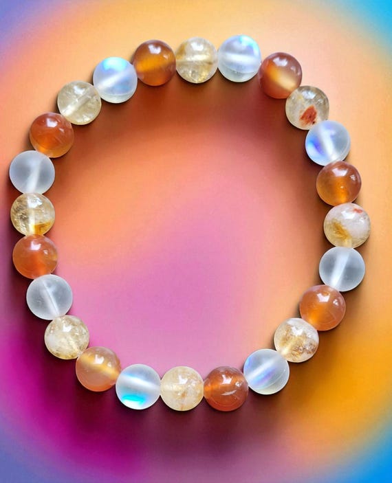 7 1/2" Carnelian/Citrine/Glass Moonstone Stretch Bracelet