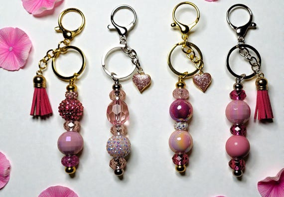 Beaded Valentine Keychain: Pink Acrylic, Glass & Rhinestone Charm