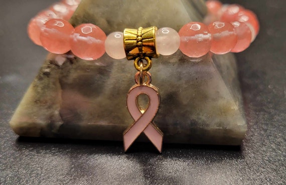 7" Cherry Quartz (8mm)/Rose Quartz (6mm) Breast Cancer Awareness Bracelet