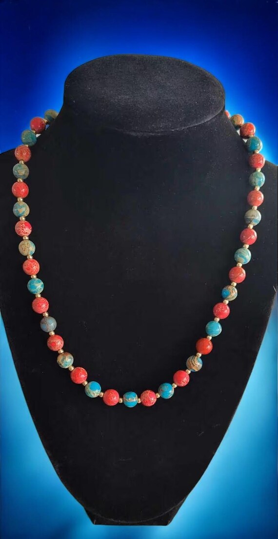 18 1/4" Fuchsia & Turquoise Impression Jasper Beaded Necklace (Gold Tone)