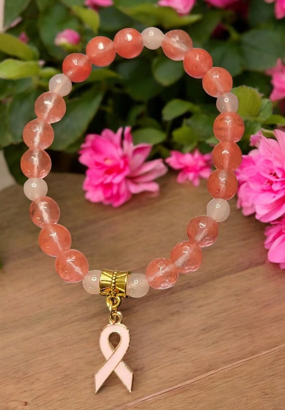 7" Cherry Quartz (8mm)/Rose Quartz (6mm) Breast Cancer Awareness Bracelet