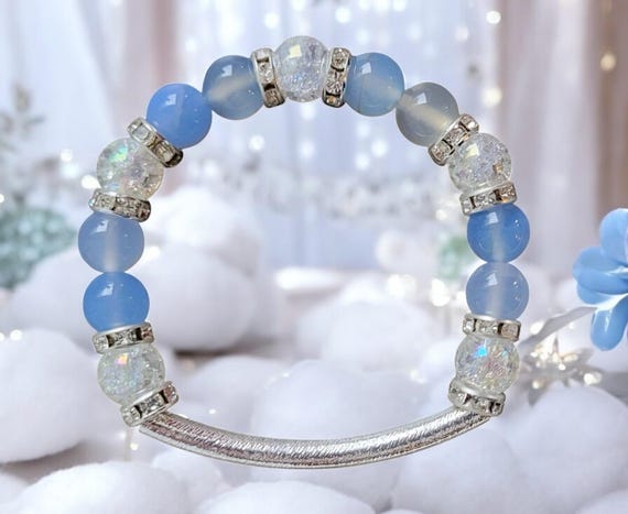 6 1/2" Ice Blue Agate (8mm)/White Quartz (8mm)