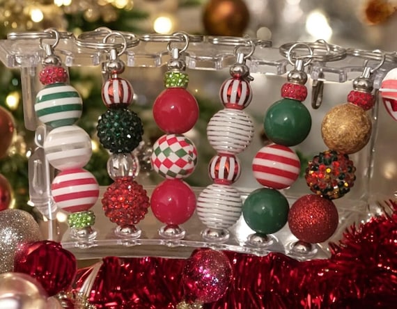 Festive Beaded Holiday Keychain: Silver Tone, Red & Green