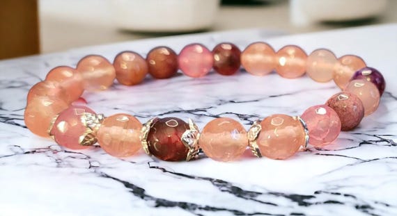 7" Multi-Colored Agate (Faceted) and Cherry Quartz (Faceted) Stretch Beaded Bracelet - MODIFIED
