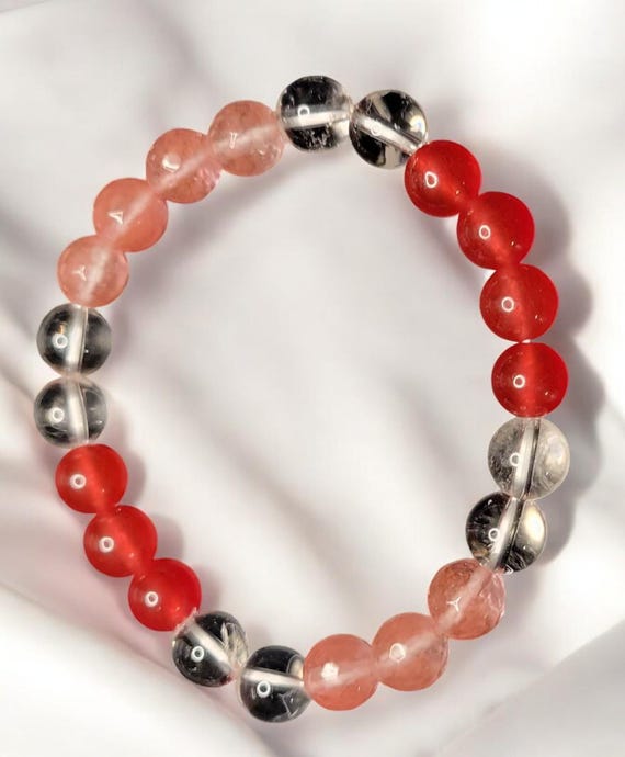 7" Red Jade (8mm) Rock Crystal (8mm) Cherry Quartz - Faceted (8mm)
