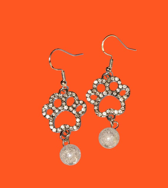 Paw Print Rhinestone and Clear Crackle Quartz Earrings - Silver Tone