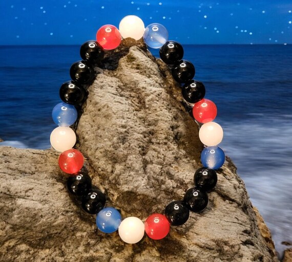 7" Patriotic Stretch Bracelet - Black Agate (8mm) Red Jade (8mm) White Jade (8mm) Sapphire Blue Agate (8mm)