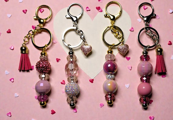 Pink and Red Beaded Keychains: Acrylic, Glass, Rhinestone Charms