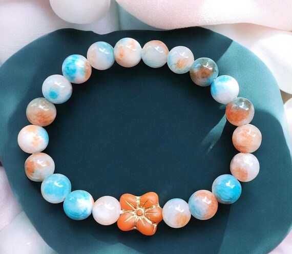 7" Blue/Orange Dyed Jade w/Orange Czech Glass Flower
